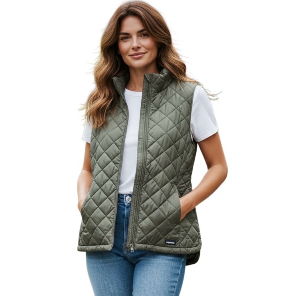 Lands End Puffer Vest Full Zip Sz L 14~16 Olive Green Hip Pockets Cozy Warm